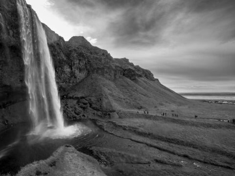 black and white image of seljalandsfoss waterfall in iceland