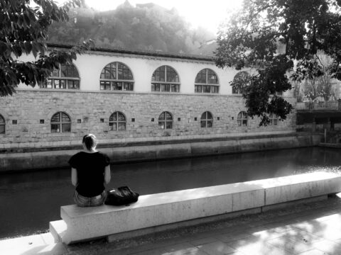 woman on river bank