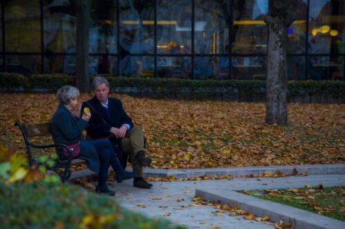 an old couple talking on a bench in the park